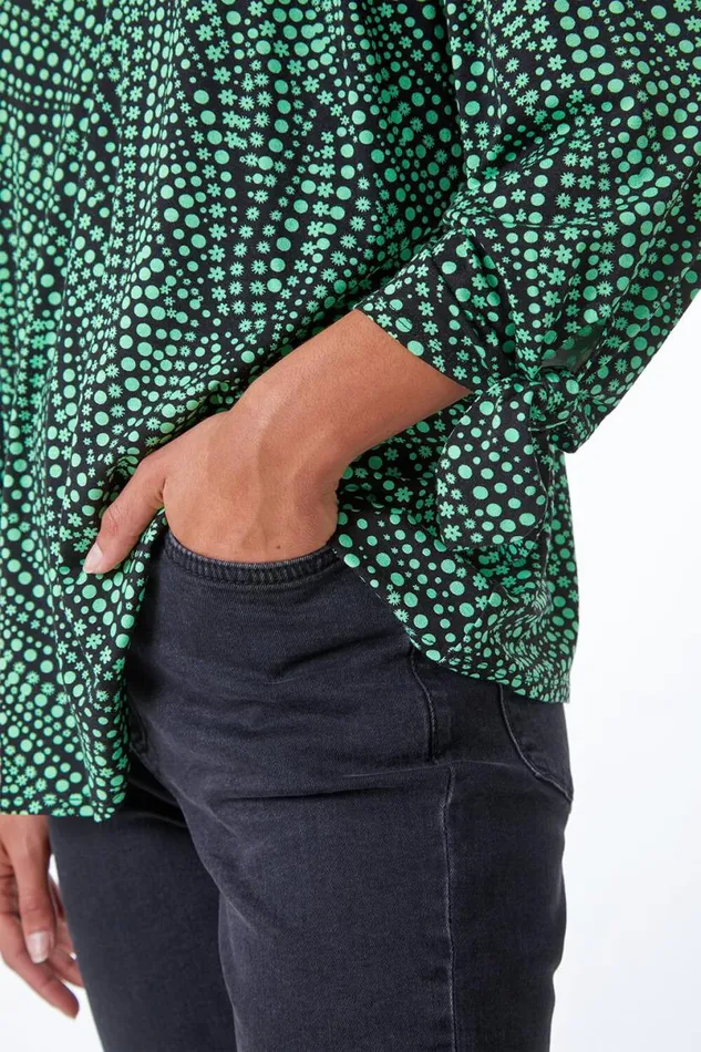 Green Ditsy Bow Tie Sleeve VNeck Top Women Roman Tops