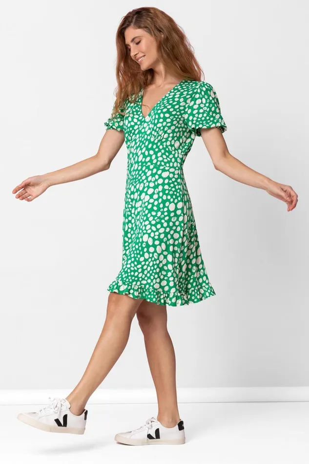 Green Ditsy Spot Frill Detail Tea Dress Women Roman Dresses