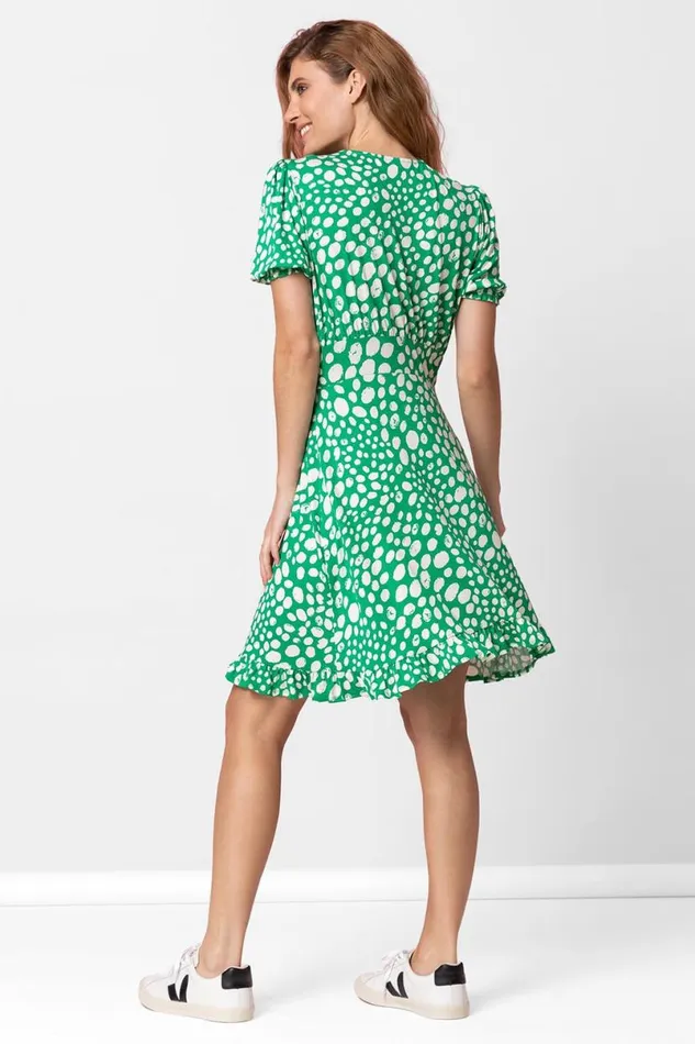 Green Ditsy Spot Frill Detail Tea Dress Women Roman Dresses