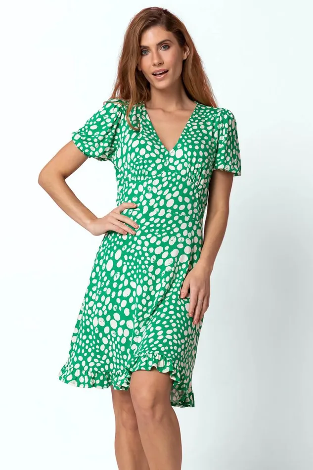Green Ditsy Spot Frill Detail Tea Dress Women Roman Dresses