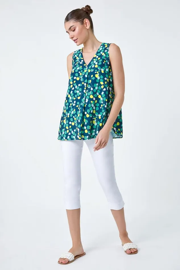 Green Ditsy Spot Sleeveless VNeck Pleat Vest Top Women Roman Tops