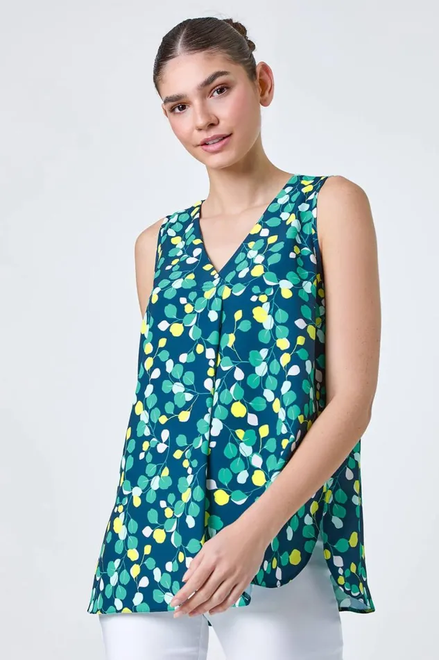 Green Ditsy Spot Sleeveless VNeck Pleat Vest Top Women Roman Tops