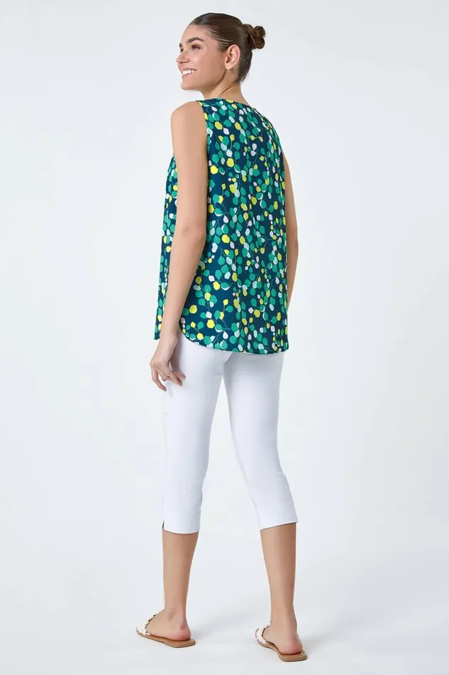 Green Ditsy Spot Sleeveless VNeck Pleat Vest Top Women Roman Tops