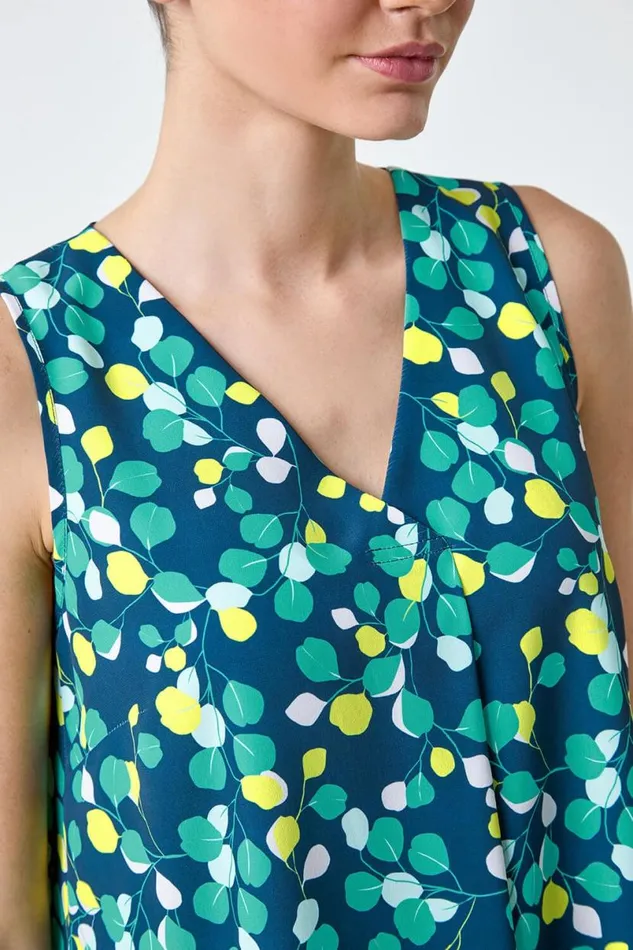 Green Ditsy Spot Sleeveless VNeck Pleat Vest Top Women Roman Tops