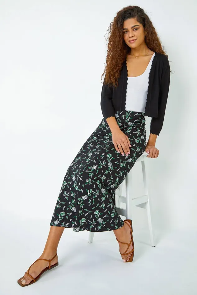 Green Floral Leaf Jersey A Line Midi Skirt Women Roman Skirts