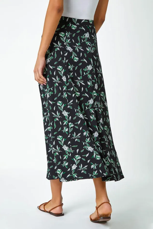 Green Floral Leaf Jersey A Line Midi Skirt Women Roman Skirts