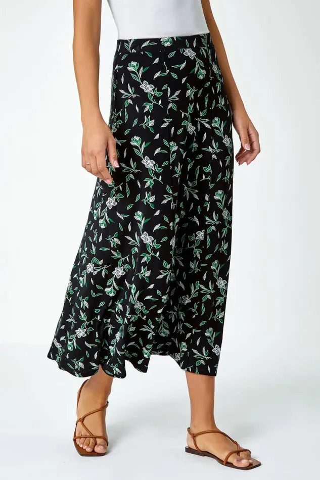 Green Floral Leaf Jersey A Line Midi Skirt Women Roman Skirts