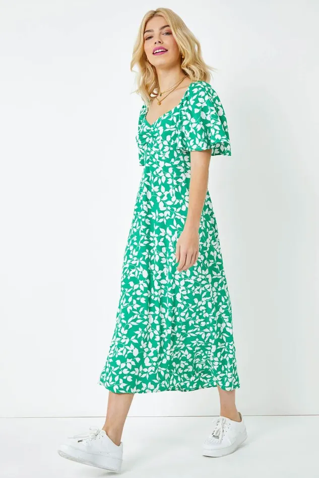 Green Floral Print Ruched Midi Dress Women Roman Dresses