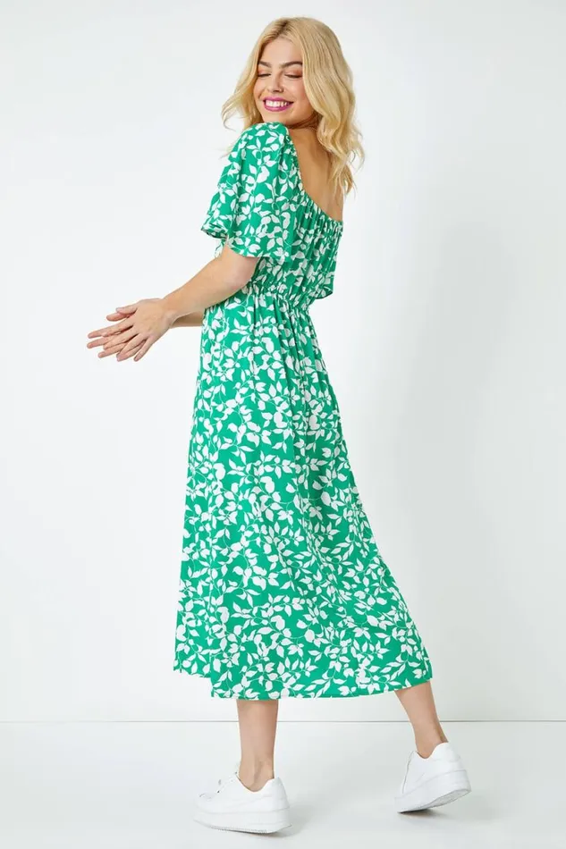 Green Floral Print Ruched Midi Dress Women Roman Dresses