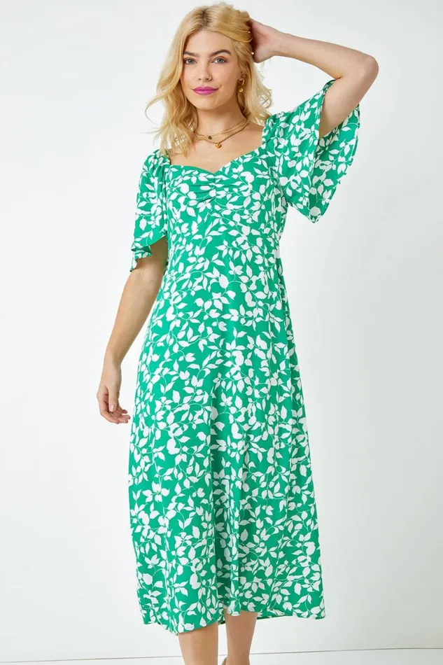 Green Floral Print Ruched Midi Dress Women Roman Dresses