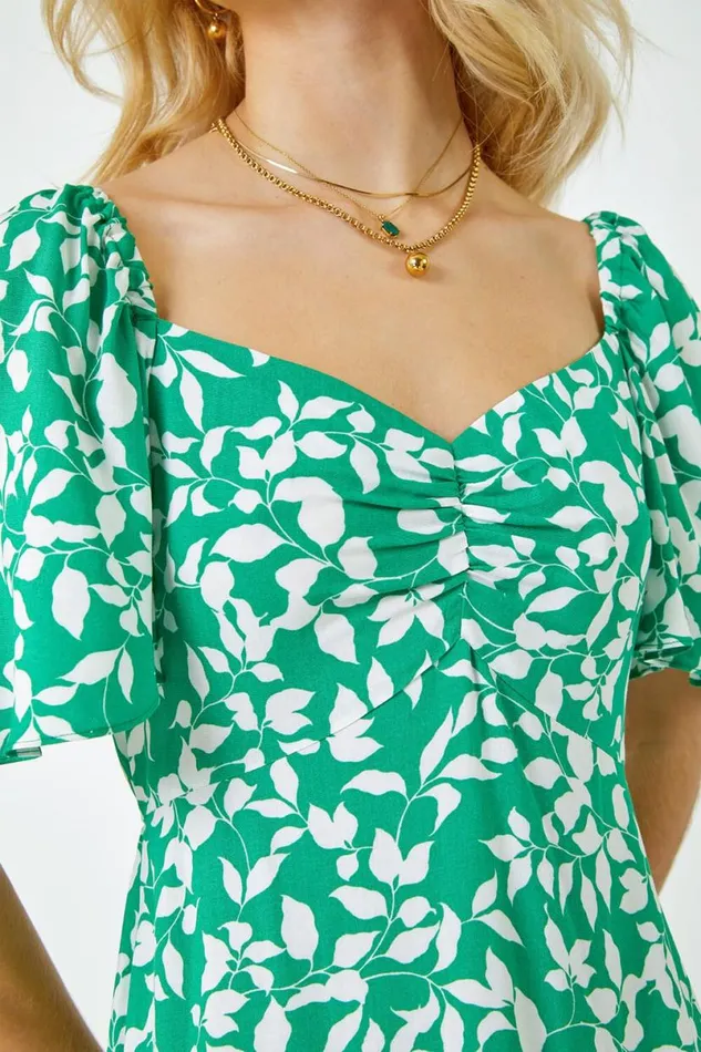 Green Floral Print Ruched Midi Dress Women Roman Dresses