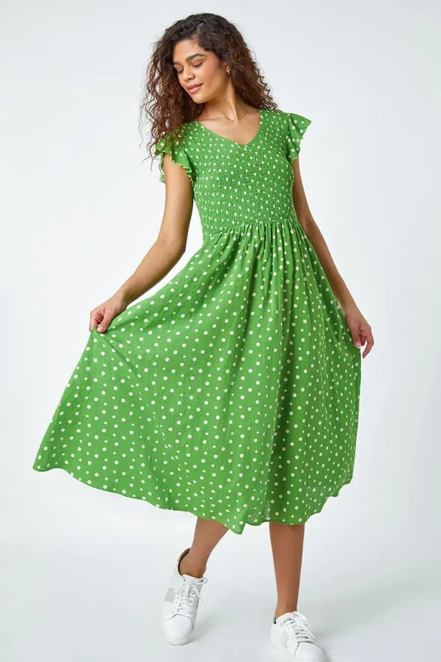 Green Frill Sleeve Spot Shirred Midi Dress Women Roman Dresses