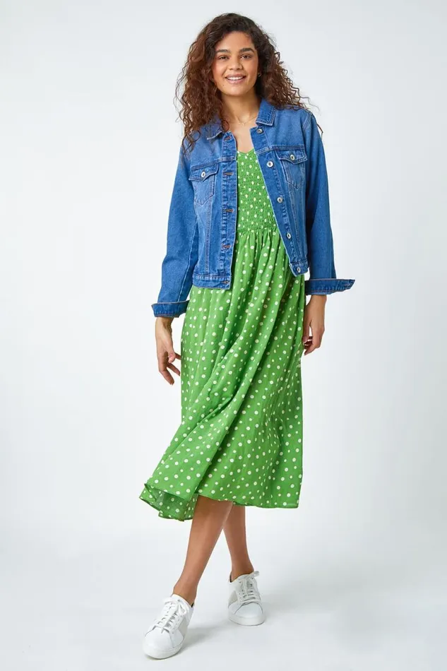 Green Frill Sleeve Spot Shirred Midi Dress Women Roman Dresses