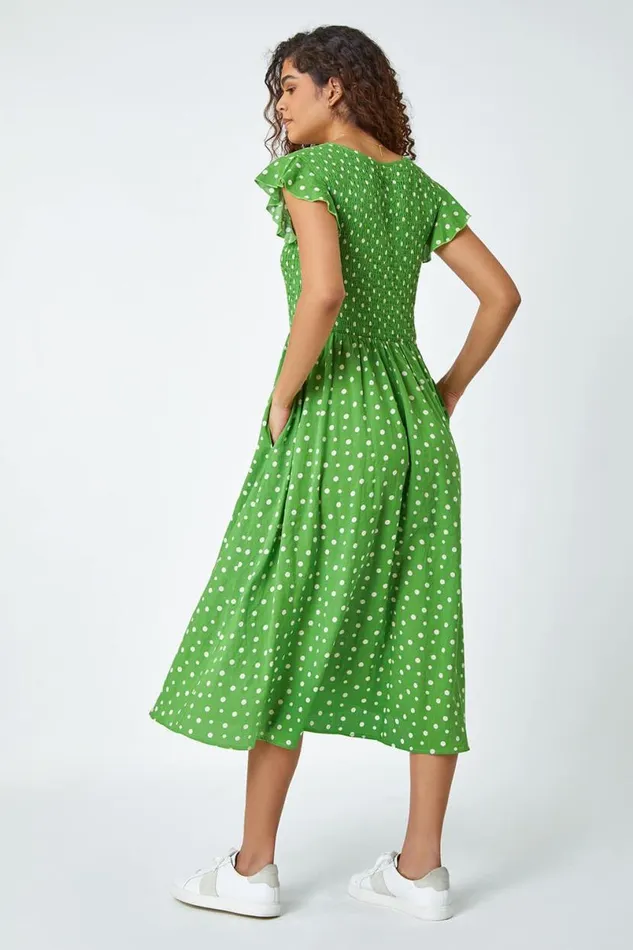 Green Frill Sleeve Spot Shirred Midi Dress Women Roman Dresses