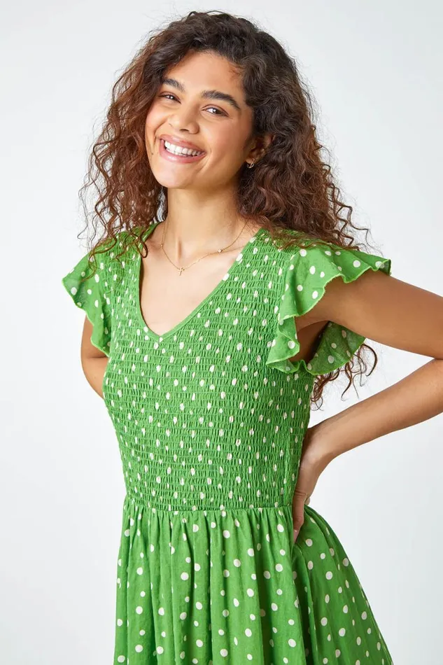 Green Frill Sleeve Spot Shirred Midi Dress Women Roman Dresses