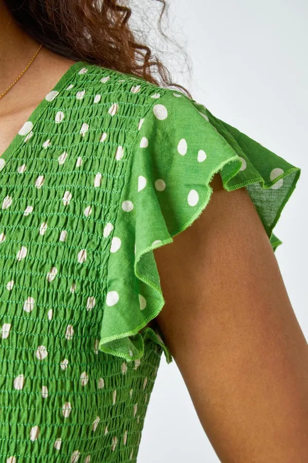 Green Frill Sleeve Spot Shirred Midi Dress Women Roman Dresses