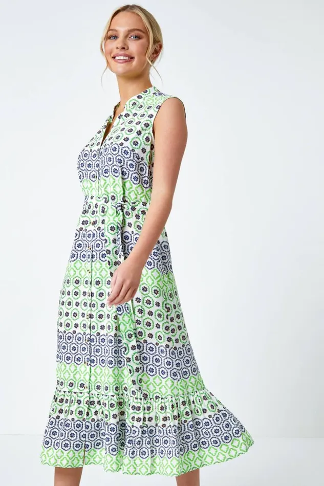 Green Geometric Print Midi Shirt Dress Women Roman Dresses