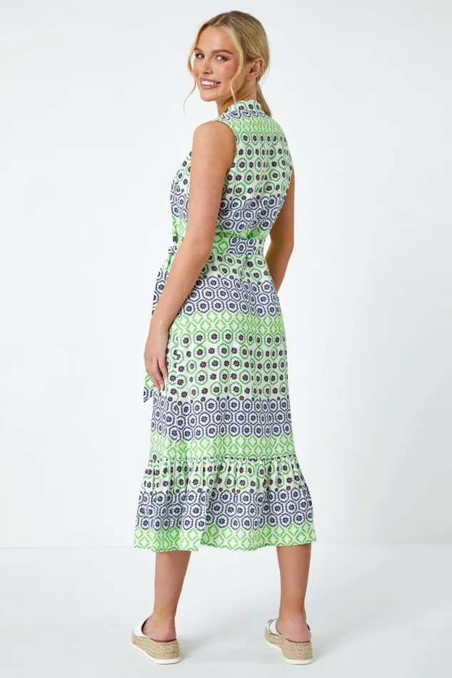 Green Geometric Print Midi Shirt Dress Women Roman Dresses