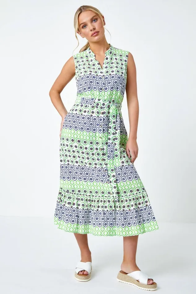 Green Geometric Print Midi Shirt Dress Women Roman Dresses