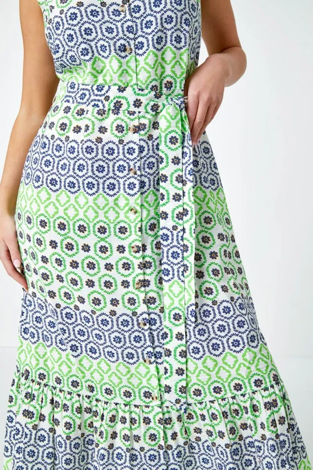 Green Geometric Print Midi Shirt Dress Women Roman Dresses