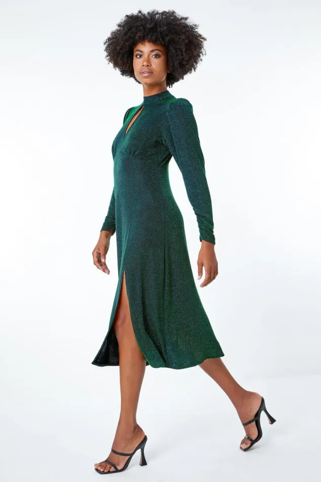 Green Glitter Keyhole Midi Dress Women Roman Dresses