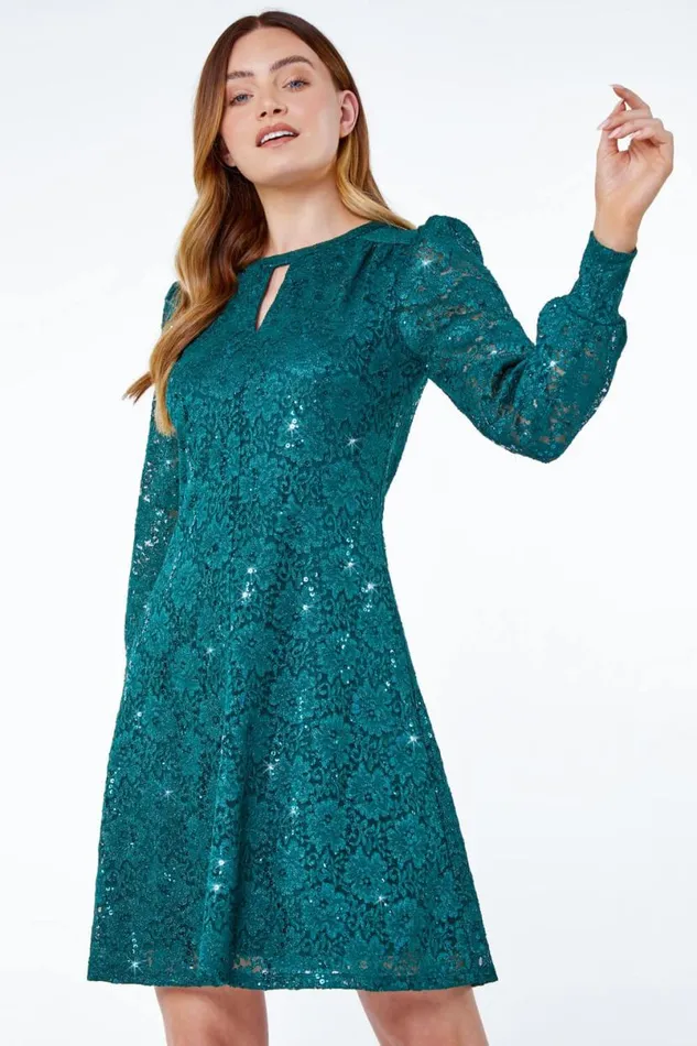 Green Lace Swing Stretch Dress Women Roman Dresses