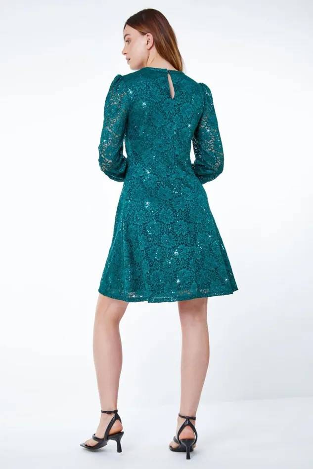 Green Lace Swing Stretch Dress Women Roman Dresses