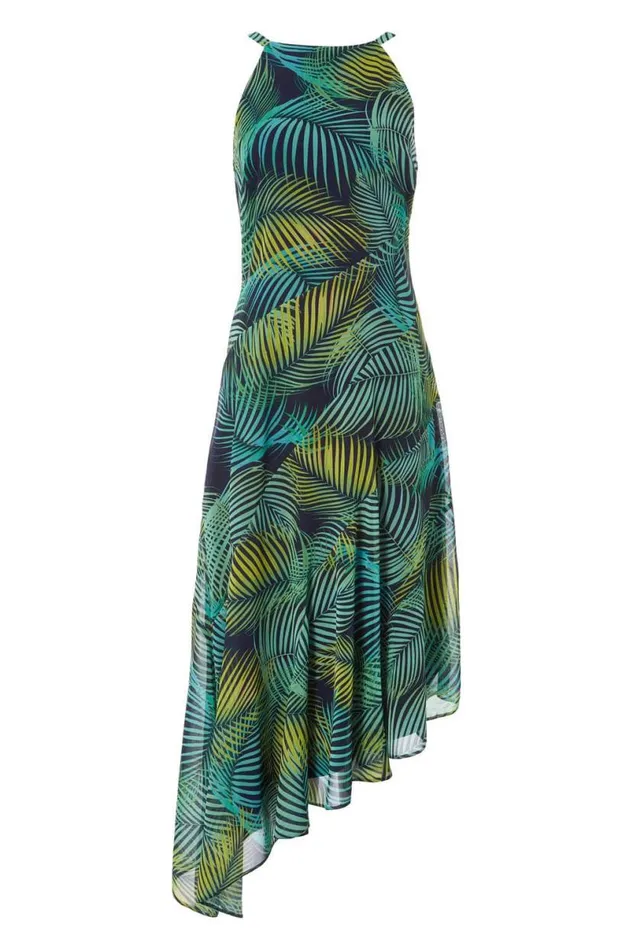 Green Leaf Print Halter Neck Midi Dress Women Roman Dresses