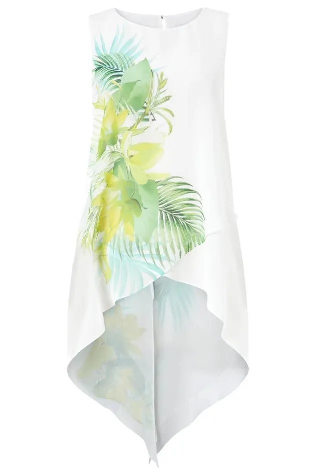 Green Leaf Print Sleeveless Chiffon Tunic Top Women Roman Tops