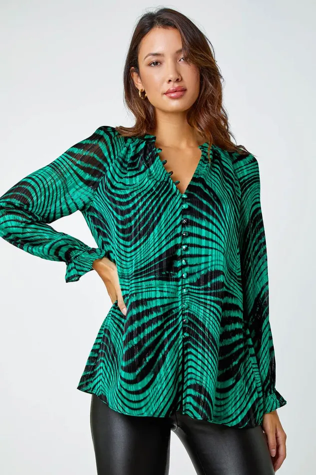 Green Metallic Print Chiffon Blouse Women Roman Tops