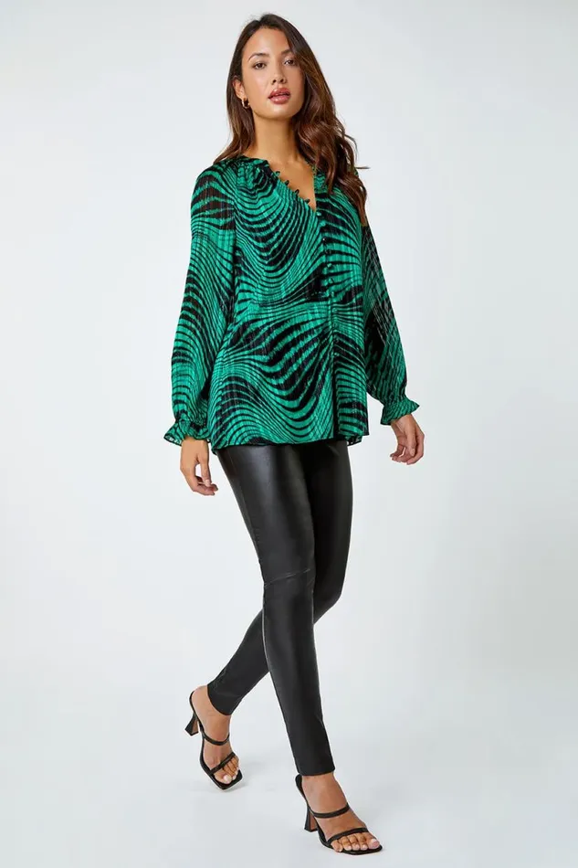 Green Metallic Print Chiffon Blouse Women Roman Tops