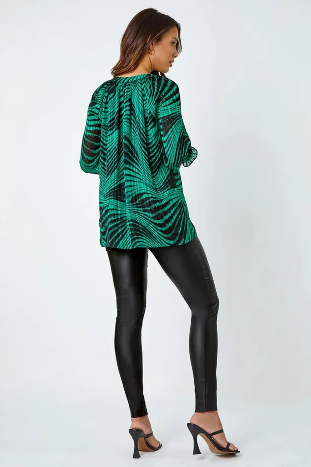 Green Metallic Print Chiffon Blouse Women Roman Tops
