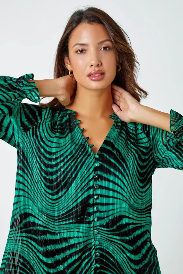 Green Metallic Print Chiffon Blouse Women Roman Tops