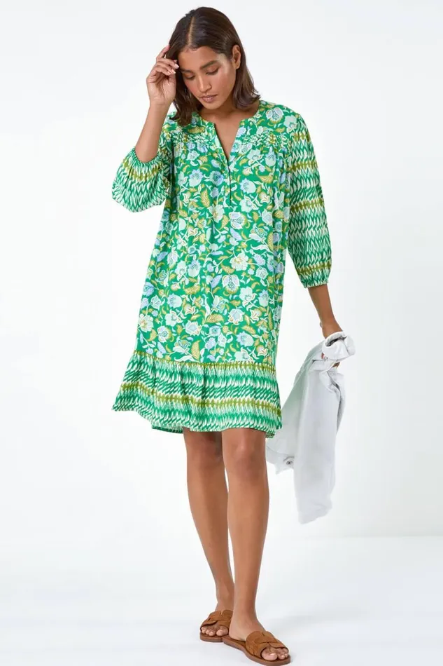 Green Paisley Border Print Smock Dress Women Roman Dresses