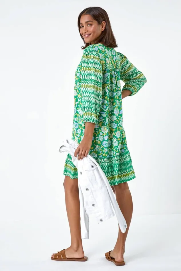 Green Paisley Border Print Smock Dress Women Roman Dresses