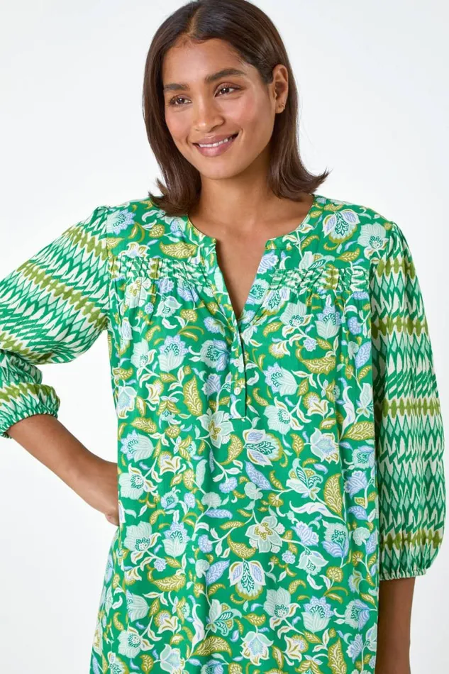 Green Paisley Border Print Smock Dress Women Roman Dresses