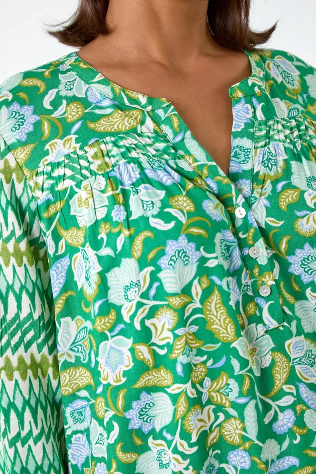 Green Paisley Border Print Smock Dress Women Roman Dresses