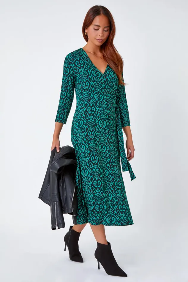 Green Petite Aztec Print Tie Waist Midi Stretch Dress Women Roman Dresses