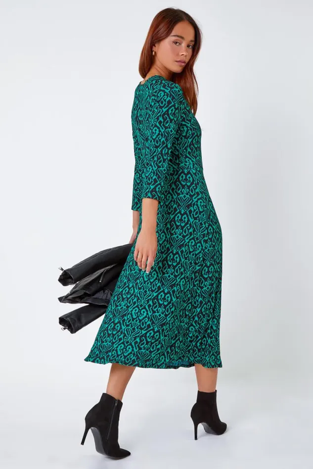Green Petite Aztec Print Tie Waist Midi Stretch Dress Women Roman Dresses