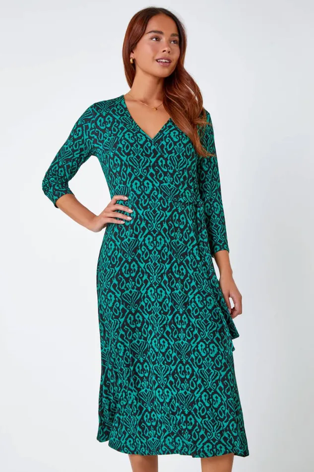 Green Petite Aztec Print Tie Waist Midi Stretch Dress Women Roman Dresses