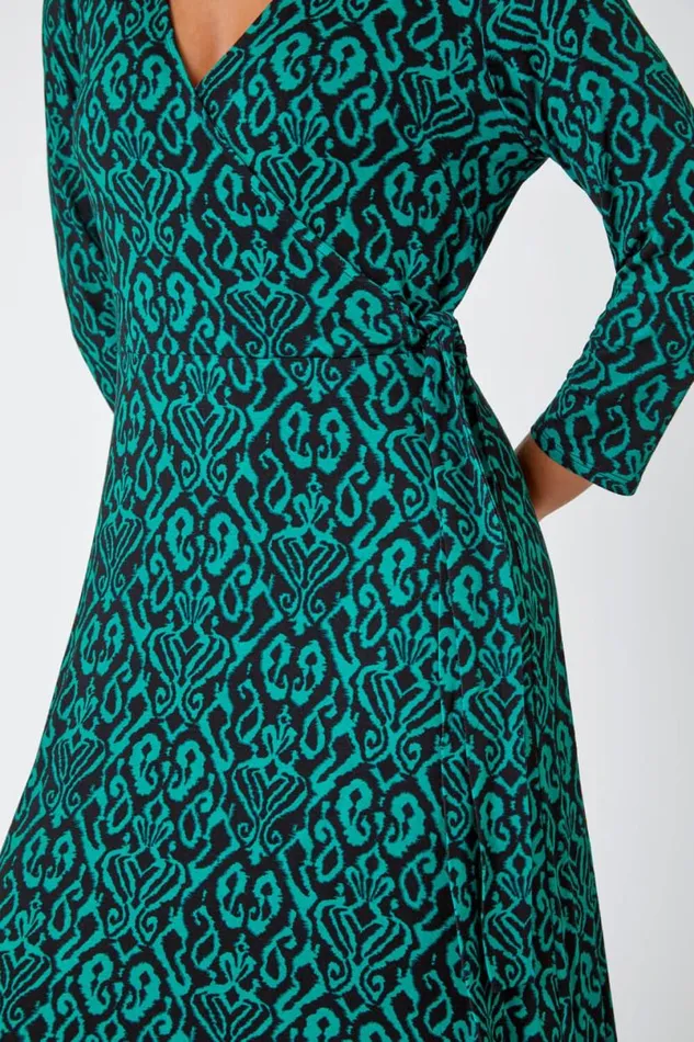 Green Petite Aztec Print Tie Waist Midi Stretch Dress Women Roman Dresses