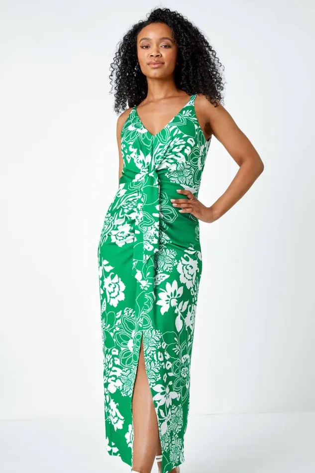 Green Petite Floral Knot Stretch Maxi Dress Women Roman Dresses