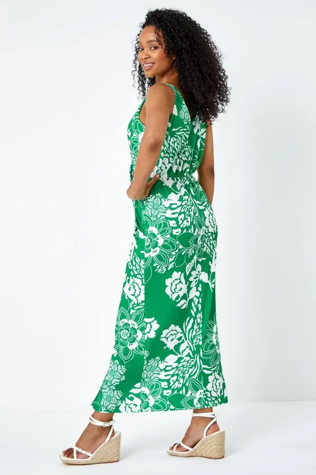 Green Petite Floral Knot Stretch Maxi Dress Women Roman Dresses