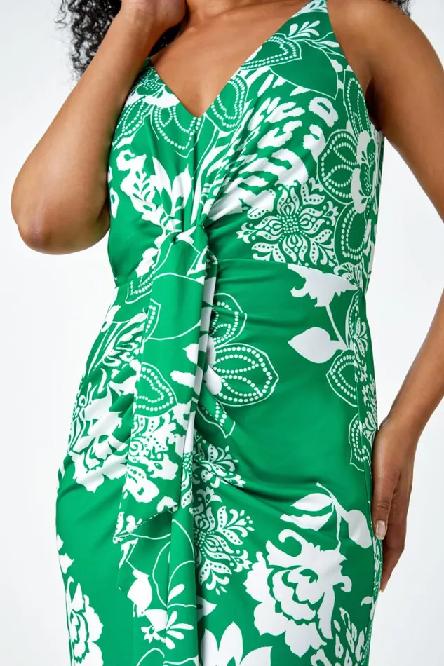 Green Petite Floral Knot Stretch Maxi Dress Women Roman Dresses