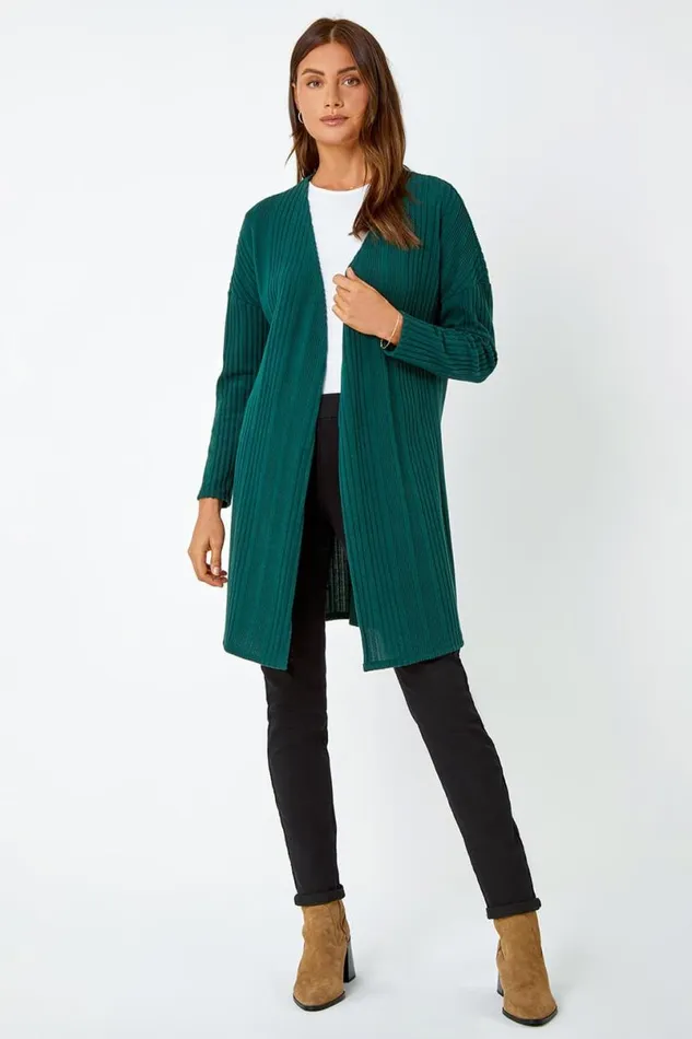 Green Ribbed Longline Stretch Knit Cardigan Women Roman Knitwear