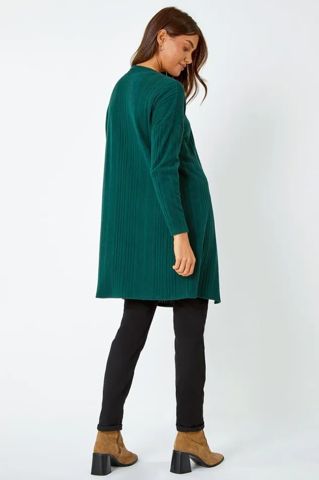 Green Ribbed Longline Stretch Knit Cardigan Women Roman Knitwear
