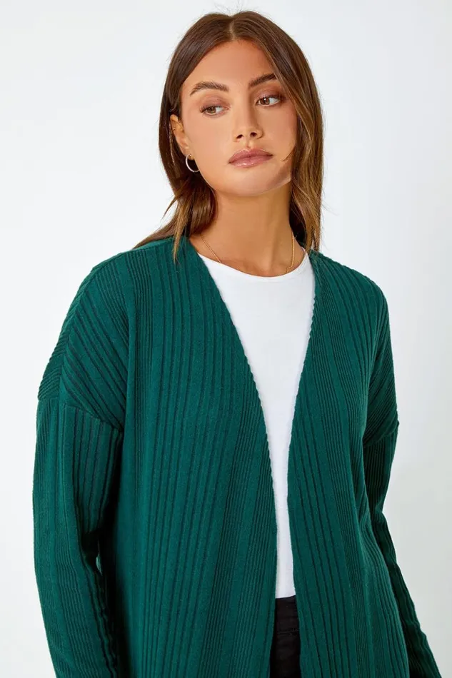 Green Ribbed Longline Stretch Knit Cardigan Women Roman Knitwear