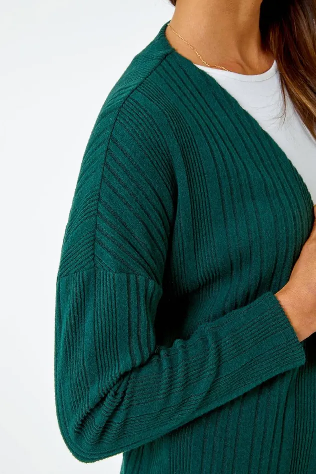 Green Ribbed Longline Stretch Knit Cardigan Women Roman Knitwear