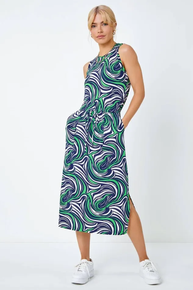Green Sleeveless Swirl Print Midi Dress Women Roman Dresses