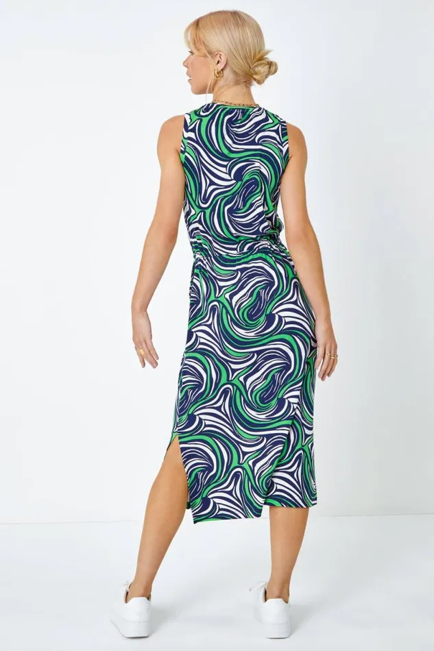 Green Sleeveless Swirl Print Midi Dress Women Roman Dresses